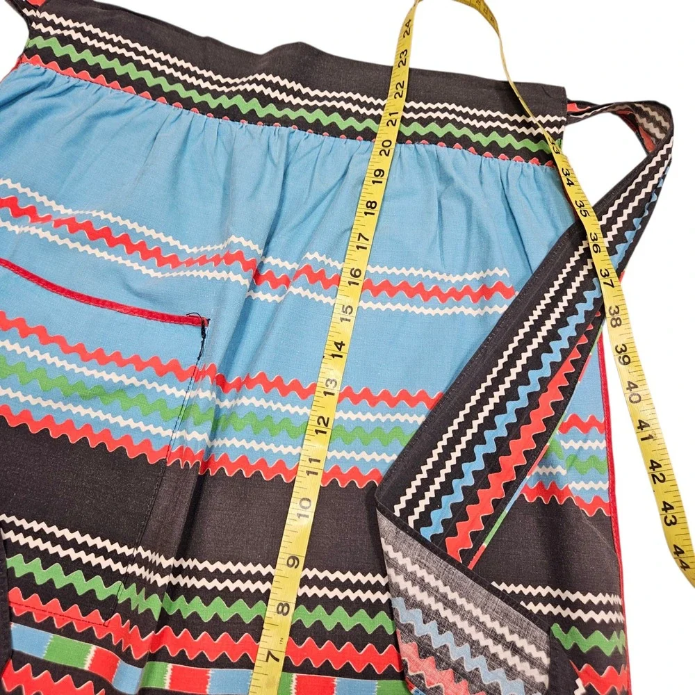 Vintage‎ Half Apron Black Blue Novelty Zig Zag Stripe Pocket Kitchen Baking Trad